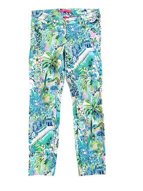 Lilly Pulitzer Womens Sz 2 Skinny Pants Blue Green Tropical Floral